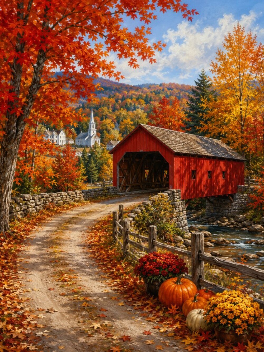 New England Fall Covered Bridge Wall Art Print 12x16